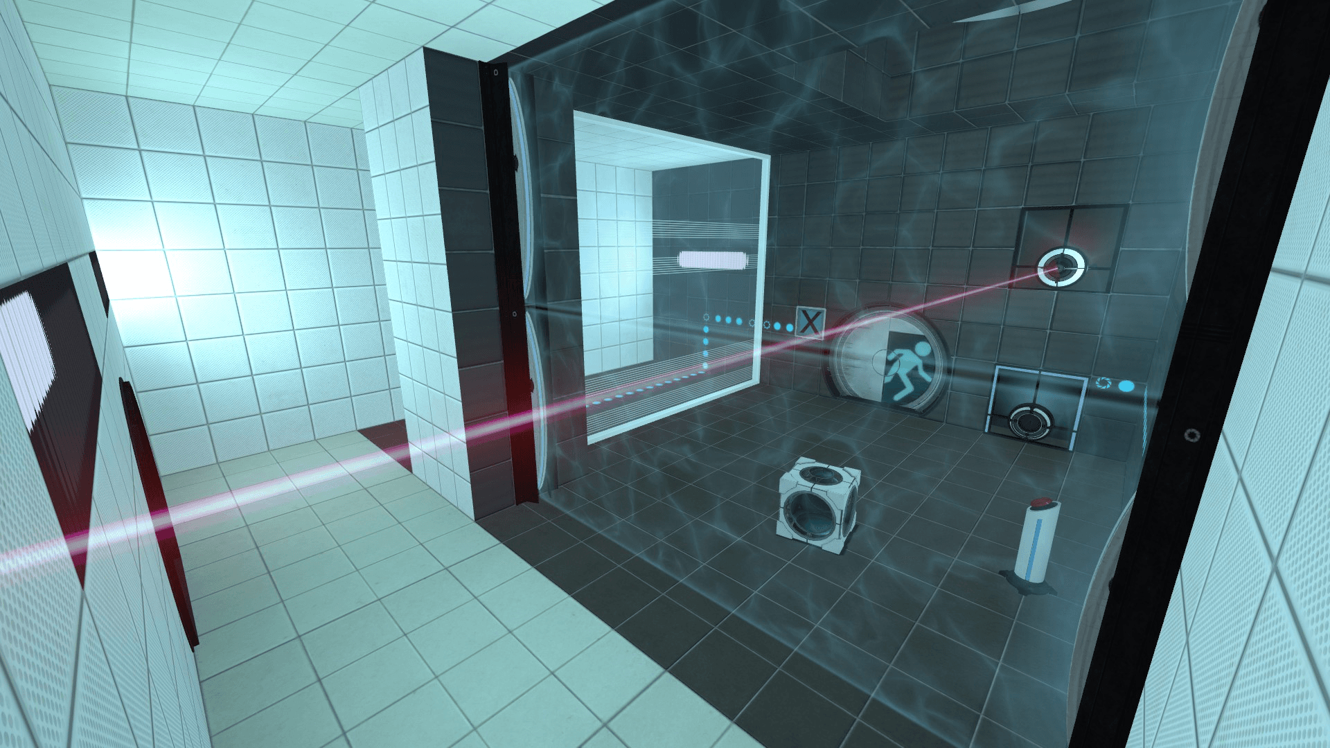 A screenshot from my Portal 2 trial map called 'Laser Dance.' This map was a learning project where I experimented with making rooms as compact as possible without compromising functionality. It features a laser, a weighted cube, buttons, and a fizzler field, all within a small, efficiently designed test chamber.