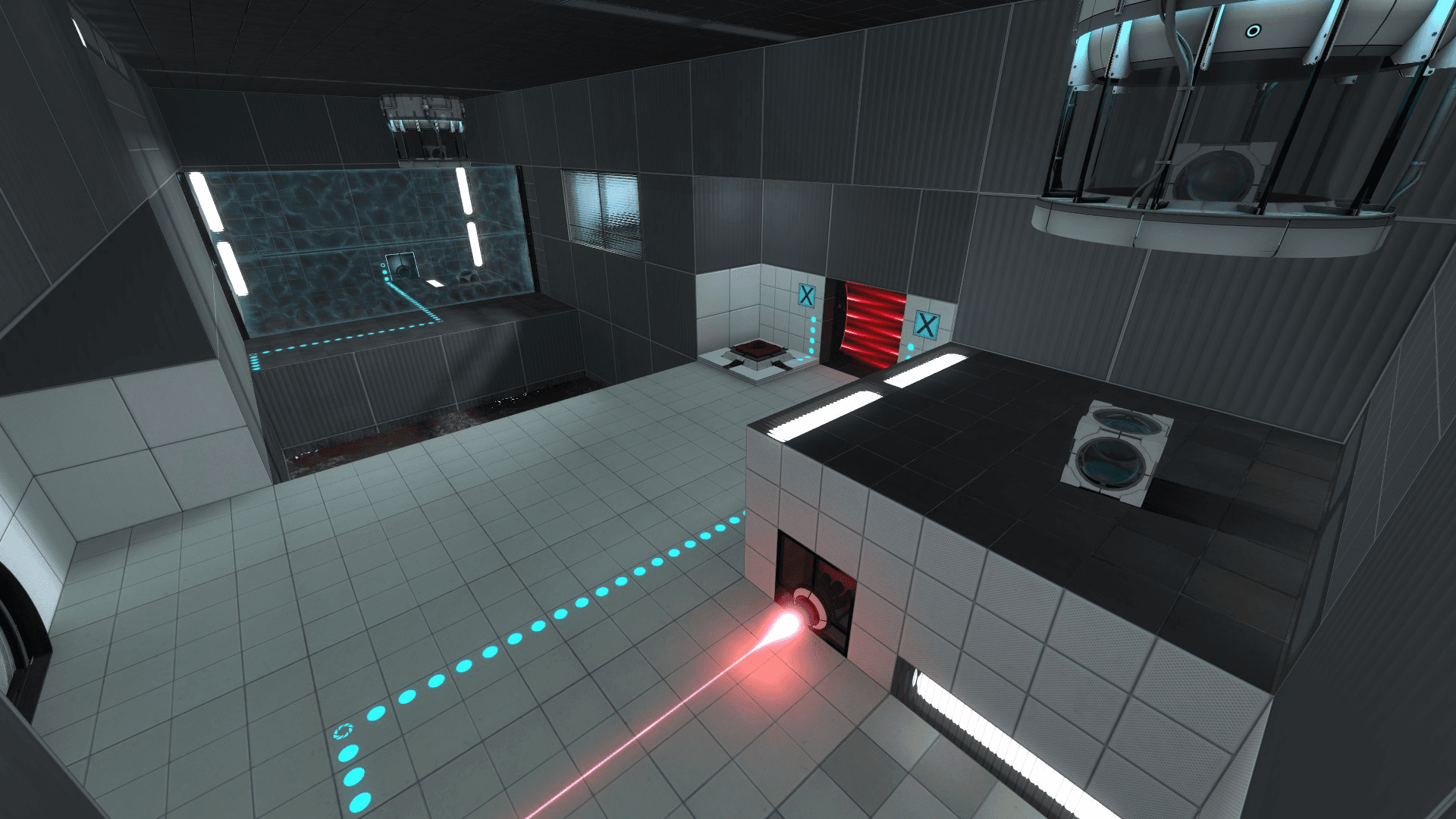 A screenshot of the first room from my Portal 2 map, Memento. The room features a laser, various test elements like weighted cubes and buttons, and a fizzler field in the background. The layout is clean and well-lit, with a combination of white and grey tiles that create a modern test chamber aesthetic.