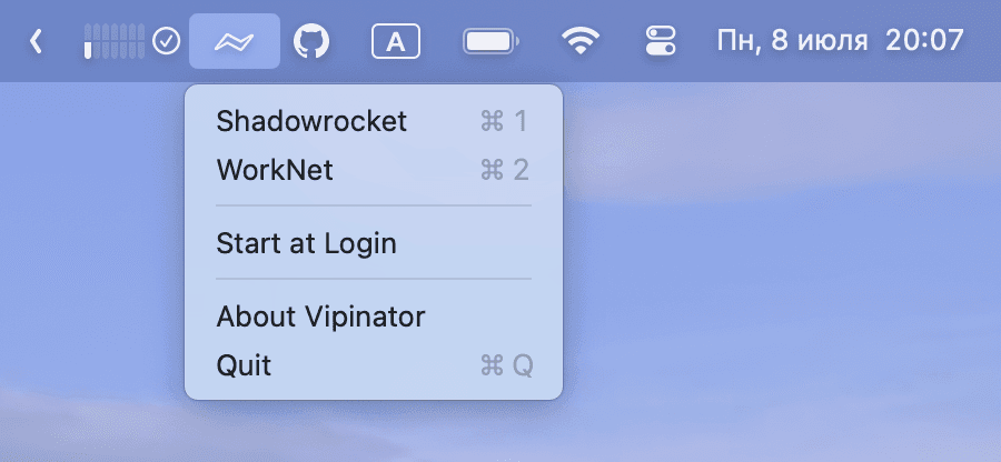 A screenshot of the Vipinator app in the macOS menu bar. It displays the list of available connections and lets you toggle them on and off.