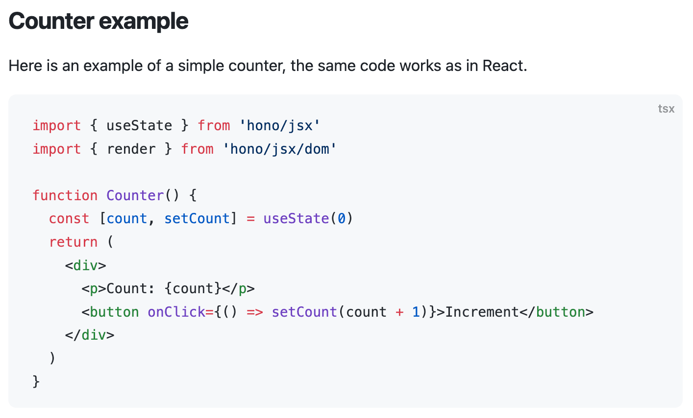 A screenshot of Hono's documentation, showing a component that uses useState, but doesn't import React. It imports hono/jsx instead.
