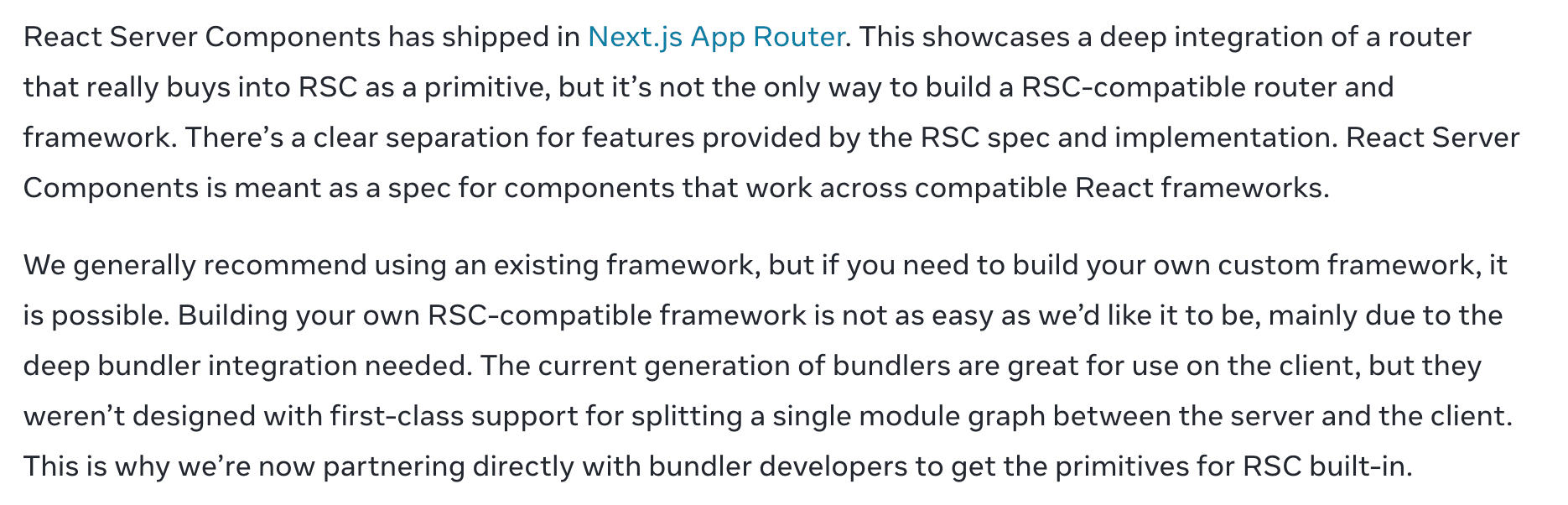 A screenshot from React 18 release notes, saying 'So even long term, we expect that libraries and frameworks will play a crucial role in the React ecosystem.'