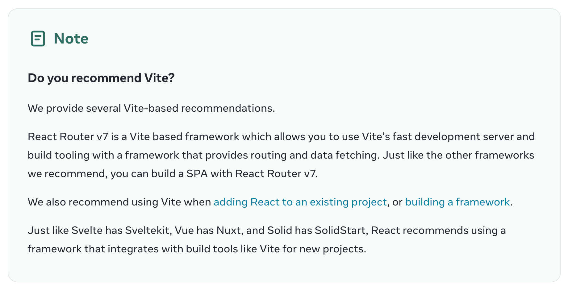 A screenshot from blog post about deprecating CRA, saying 'Do you recommend Vite? 'React Router v7 is a Vite based framework which allows you to use Vite’s fast development server and build tooling with a framework that provides routing and data fetching. Just like the other frameworks we recommend, you can build a SPA with React Router v7.